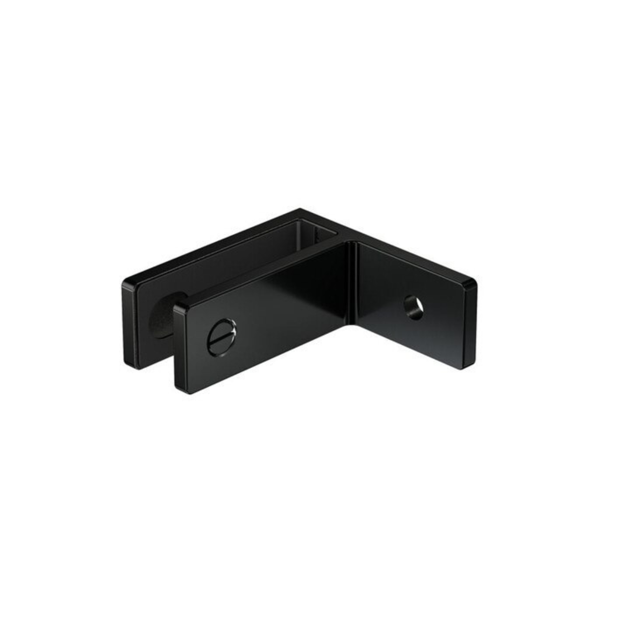 A black metal L-bracket hardware mount with pre-drilled screw holes, shown on a solid white background.